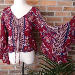 Altar'd State Flare Sleeve Floral Paisley Boho V-Neck Peplum Blouse S Small B6
